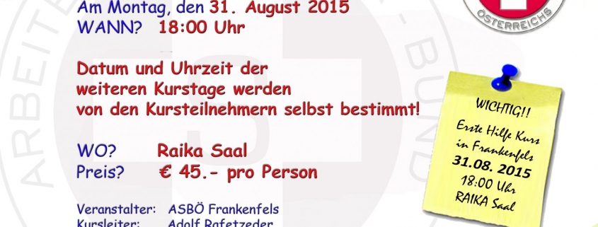 Erste Hilfe Kurs August 2015 Plakat