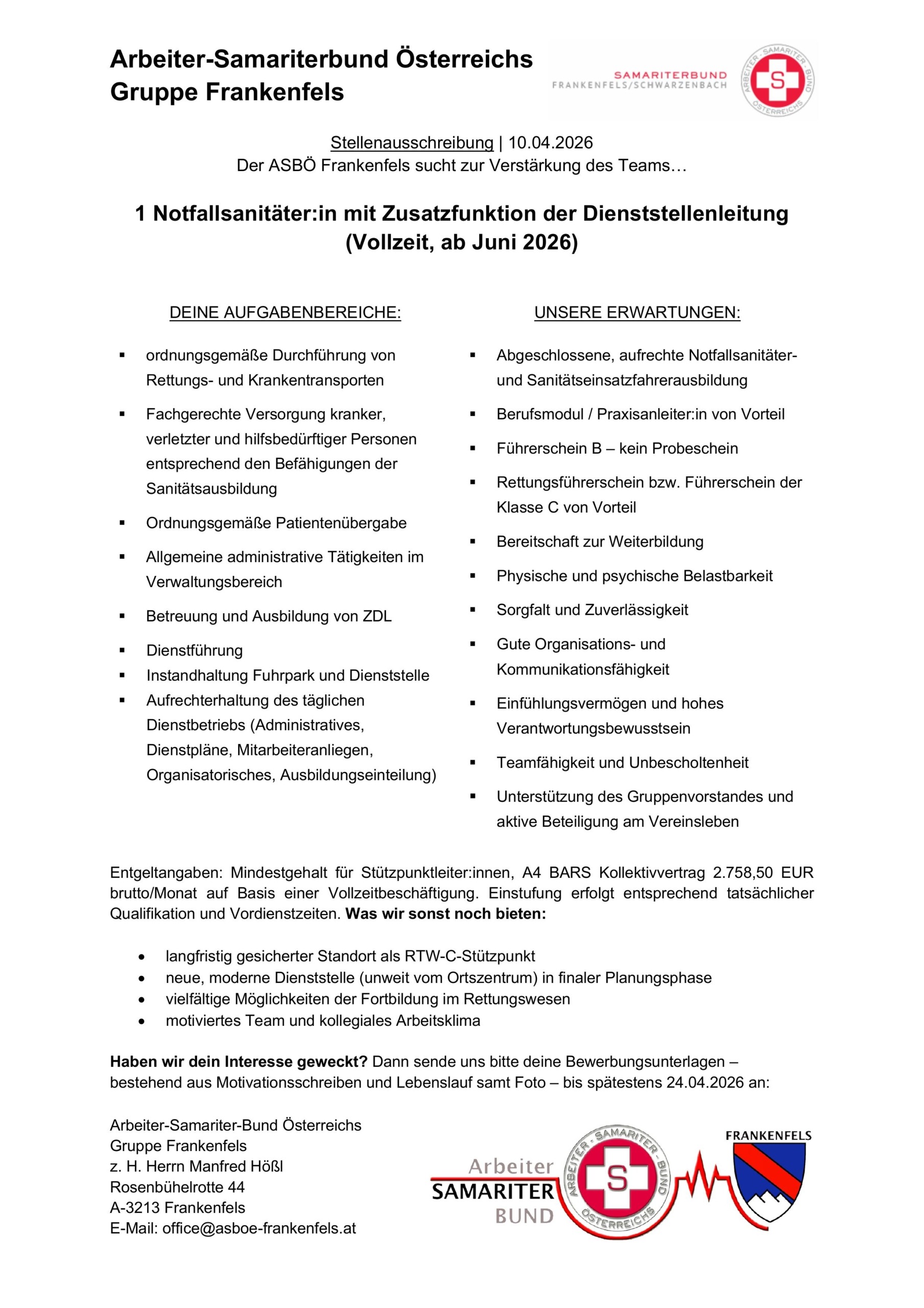 Stelleninserat NFS mit Dienststellenleitung 2026